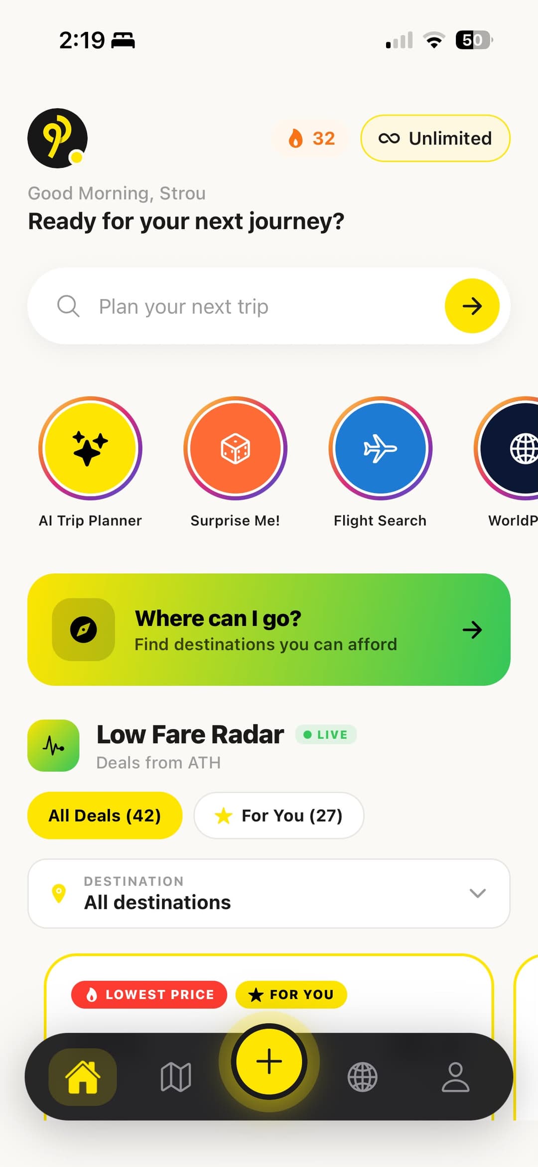 Planera mobile app home screen